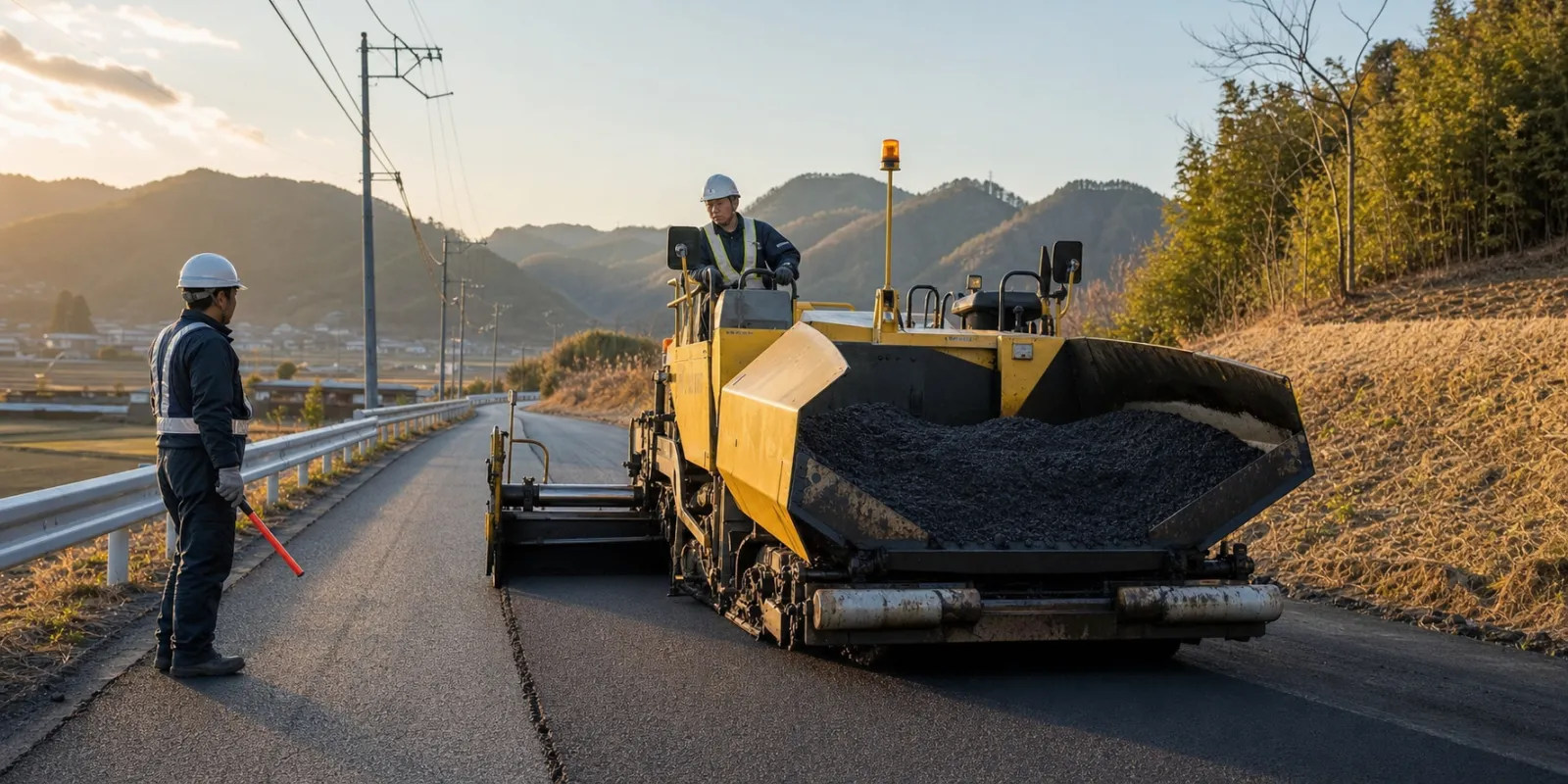 道路を舗装する作業員とアスファルトフィニッシャー